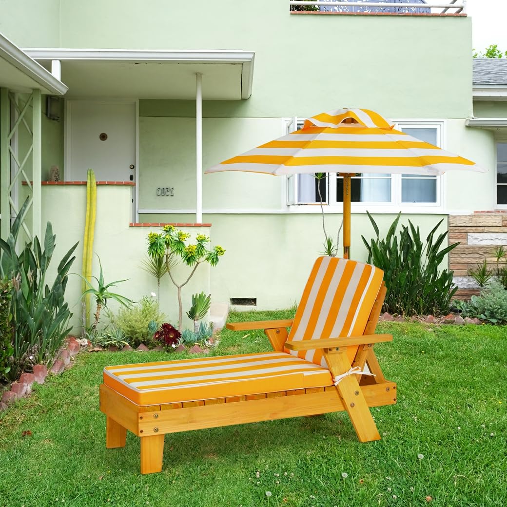 KOMFOTTEU Tumbona Infantil con Sombrilla, Silla Reclinable de Madera Maciza con Cojín para Niños, Sillón de Jardín para Baño de Sol con Carga 50 kg, Mueble de Playa, Balcón, Piscina, 92 x 49 x 106 cm