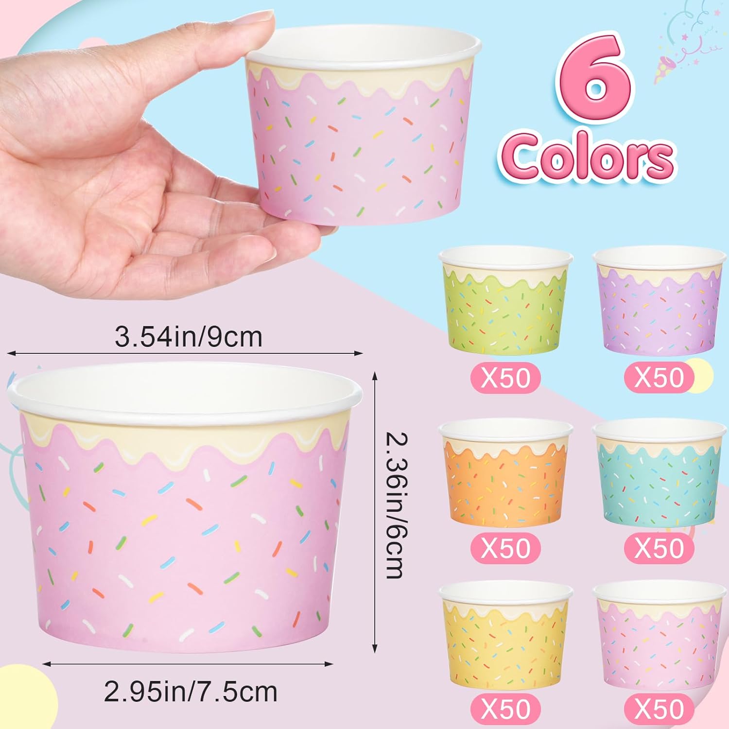 Hallswl 300pcs 9oz Ice Cream Bowls Disposable,Paper Ice Cream Cups,6 Color Sprinkles Food Containers for Dessert Snack Frozen Yogurt Soup and Summer Birthday Party Supplies