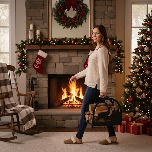 Miniatura 9 de Soporte de leña de Navidad para interiores con chimenea de alce, soporte de troncos para chimenea, soporte de almacenamiento de madera, pequeño