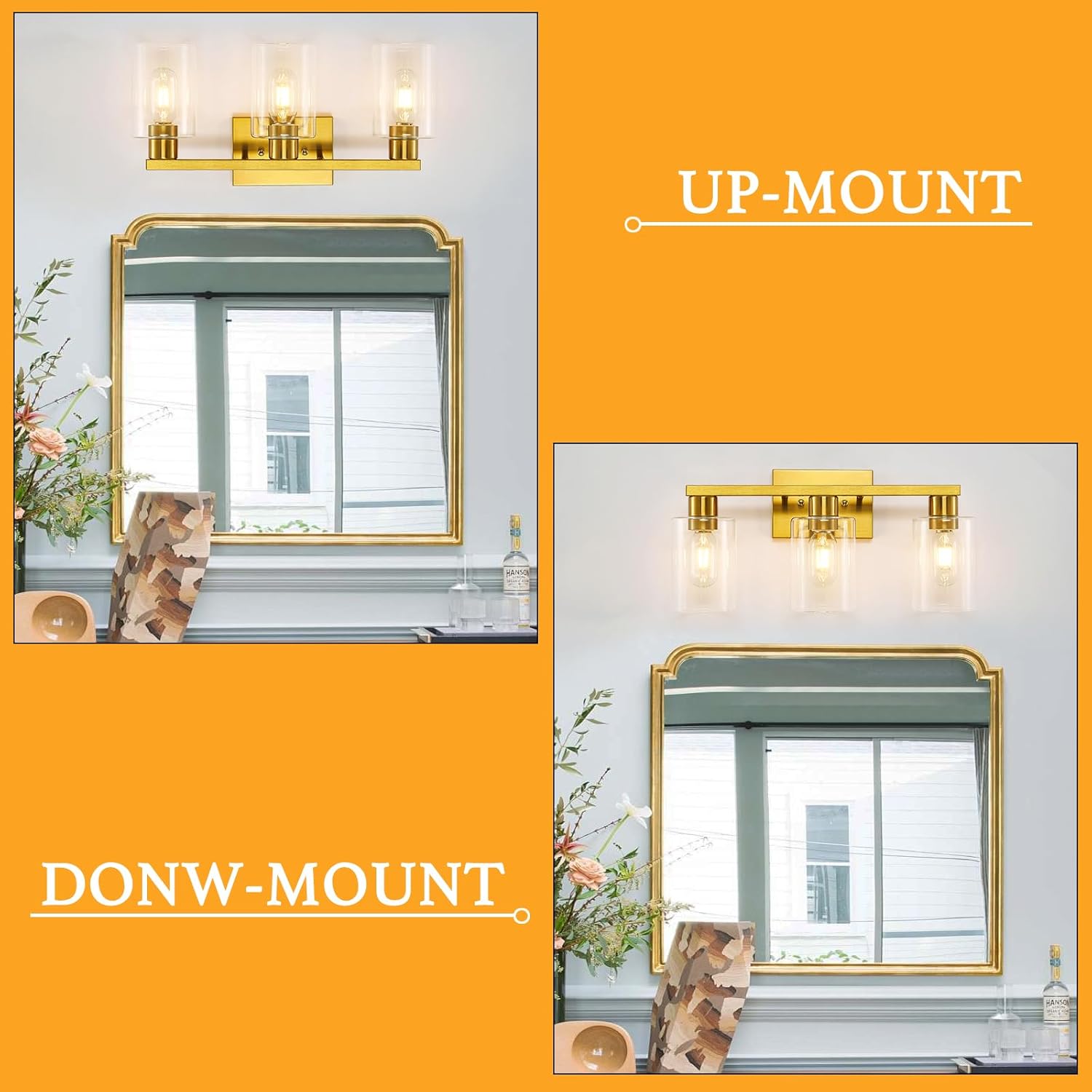 Gold 3-Light Bathroom Vanity Light, Modern Brushed Gold Vanity Lights with Clear Glass Shades, Bathroom Wall Sconce Lamp for Mirror Living Room Bedroom Hallway