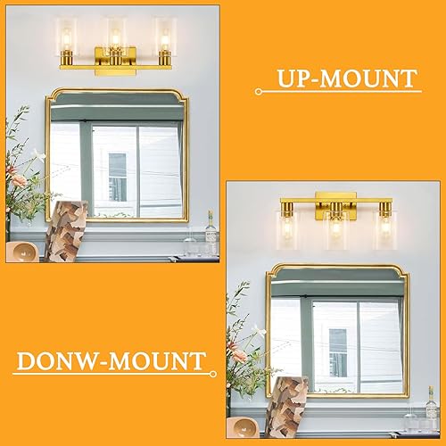 Miniatura 7 de Lámpara de tocador de baño dorada de 3 luces, modernas luces de tocador de oro cepillado con pantallas de vidrio transparente, lámpara de pared de