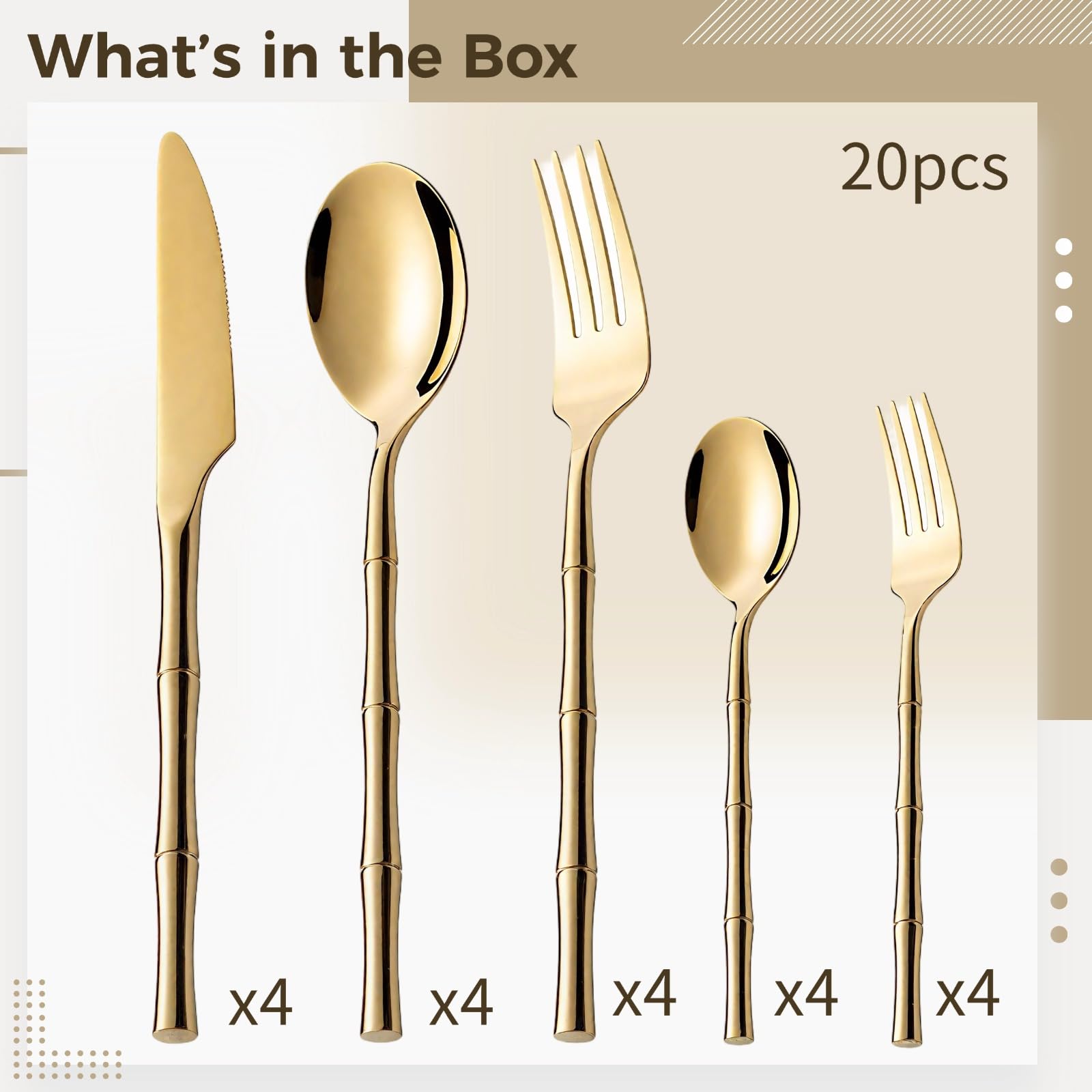 Ménagère 20 pièces dorée, ensemble de couverts à manches effet bois, acier inoxydable 304, couteaux, fourchettes, cuillères, finition polie miroir, service pour 4, repas quotidiens et dîners