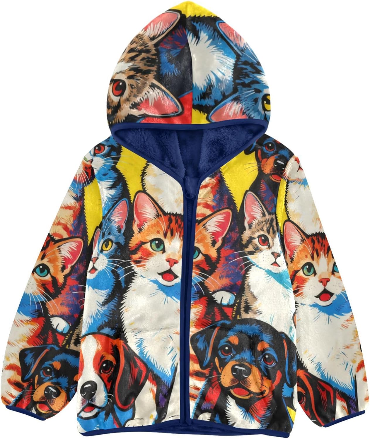 Cute Cats and Dogs Pop Art Toddler Light Jackets Children Plush Outerwear Navy Blue Trendy Baby Boys Clothes