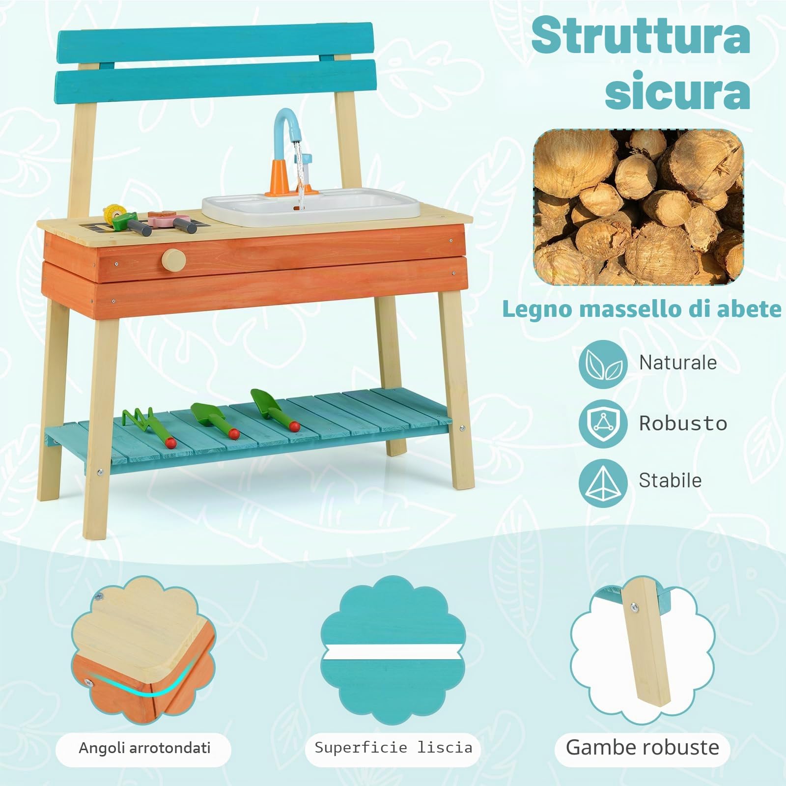 FANTASK Cucina da giardino in legno, per esterni, con rubinetto e grill, con spiedini in legno, per alimenti e accessori da giardino, per bambini a partire dai 3 anni in su