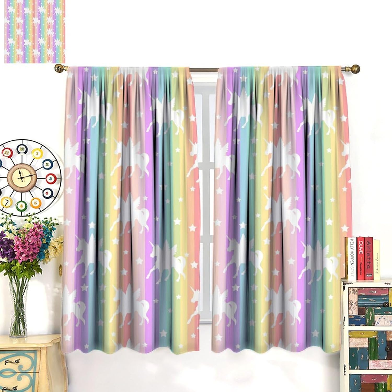 JESTRONRY Rainbow Unicorn Curtains for Kids Room,Fantasy Rainbow Unicorn Colorful Stripes Print Window Curtain Fabric Thermal Insulated Darkening for Baby Girls Bedroom 42x45 Inch Blackout