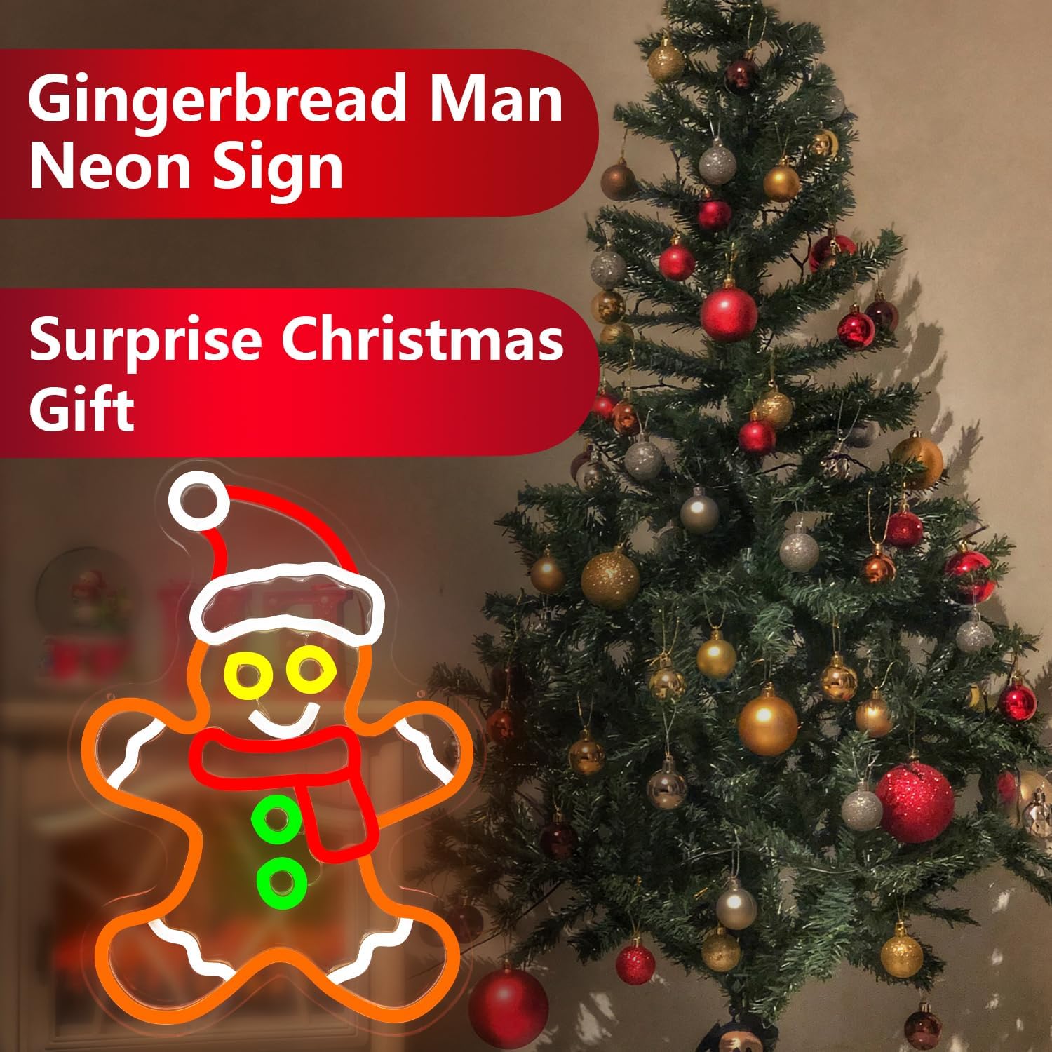 Gingerbread Man Neon Sign Dimmable Gingerbread Christmas Neon Lights for Window, Bedroom, Living Room LED Gingerbread Man with Scarf and Santa Hat Neon Sign for Christmas Party Gifts - Image 2