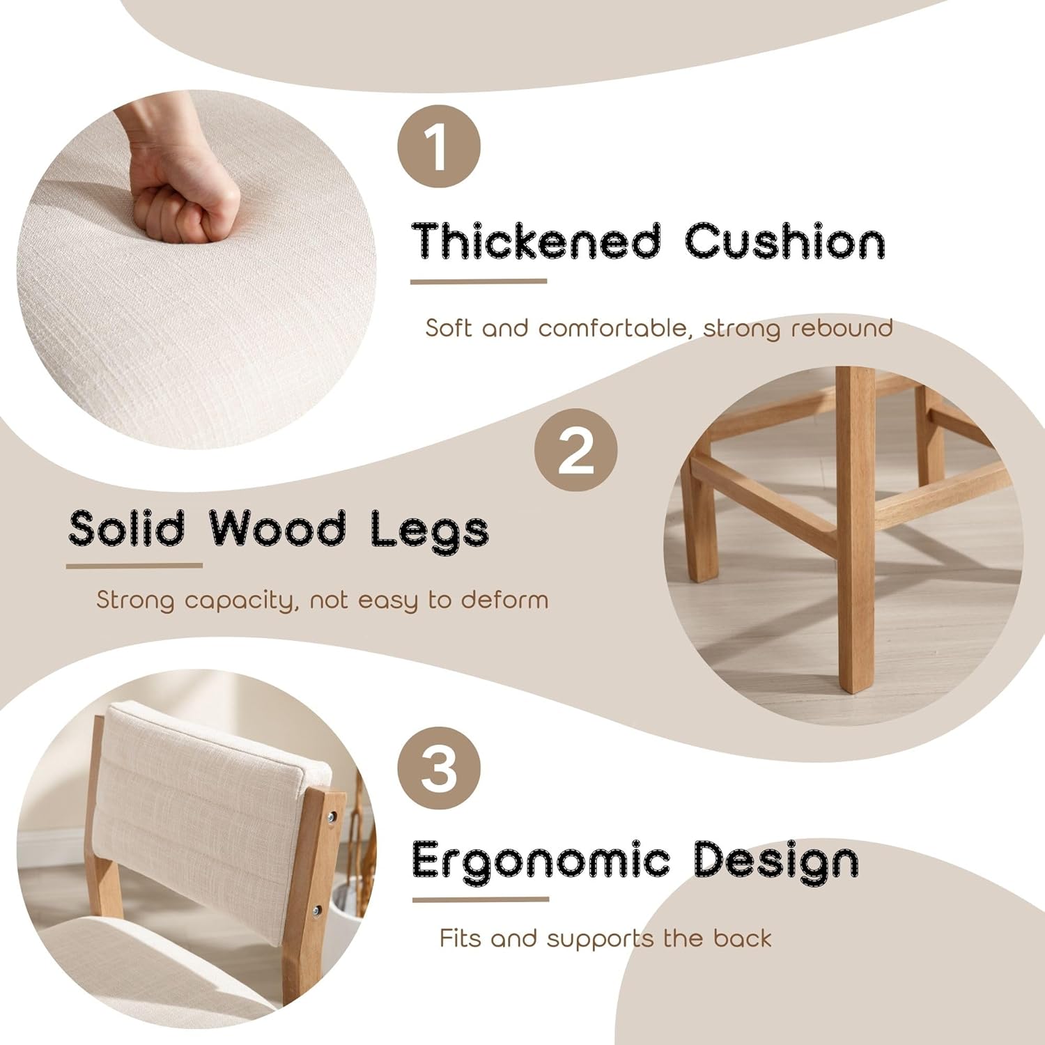 26" Bar Stools Set of 2 Counter Height Bar Stools for Kitchen Counter, Modern Upholstered Barstools with Back and Wood Legs Linen Stools Farmhouse Island Chairs, Beige