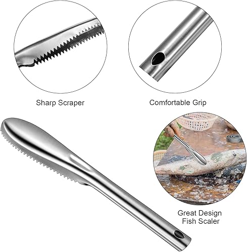 Miniatura 5 de Honoson 4 piezas de acero inoxidable removedor de escamas de pescado limpiador de cocina raspador de piel de pescado raspador raspador con abridor