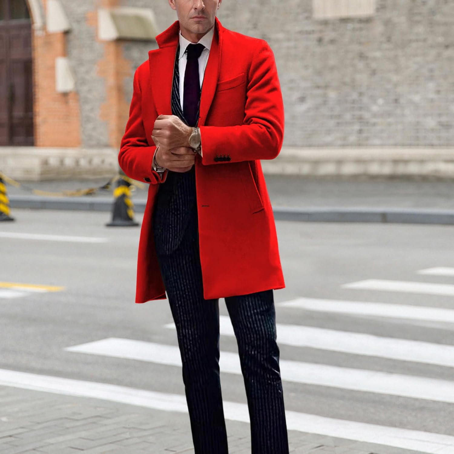 Maiyifu-GJ Men's Fall Winter Trench Coat Wool Blend Pea Coat Notched Collar Single Breasted Overcoat Slim Fit Business Jacket