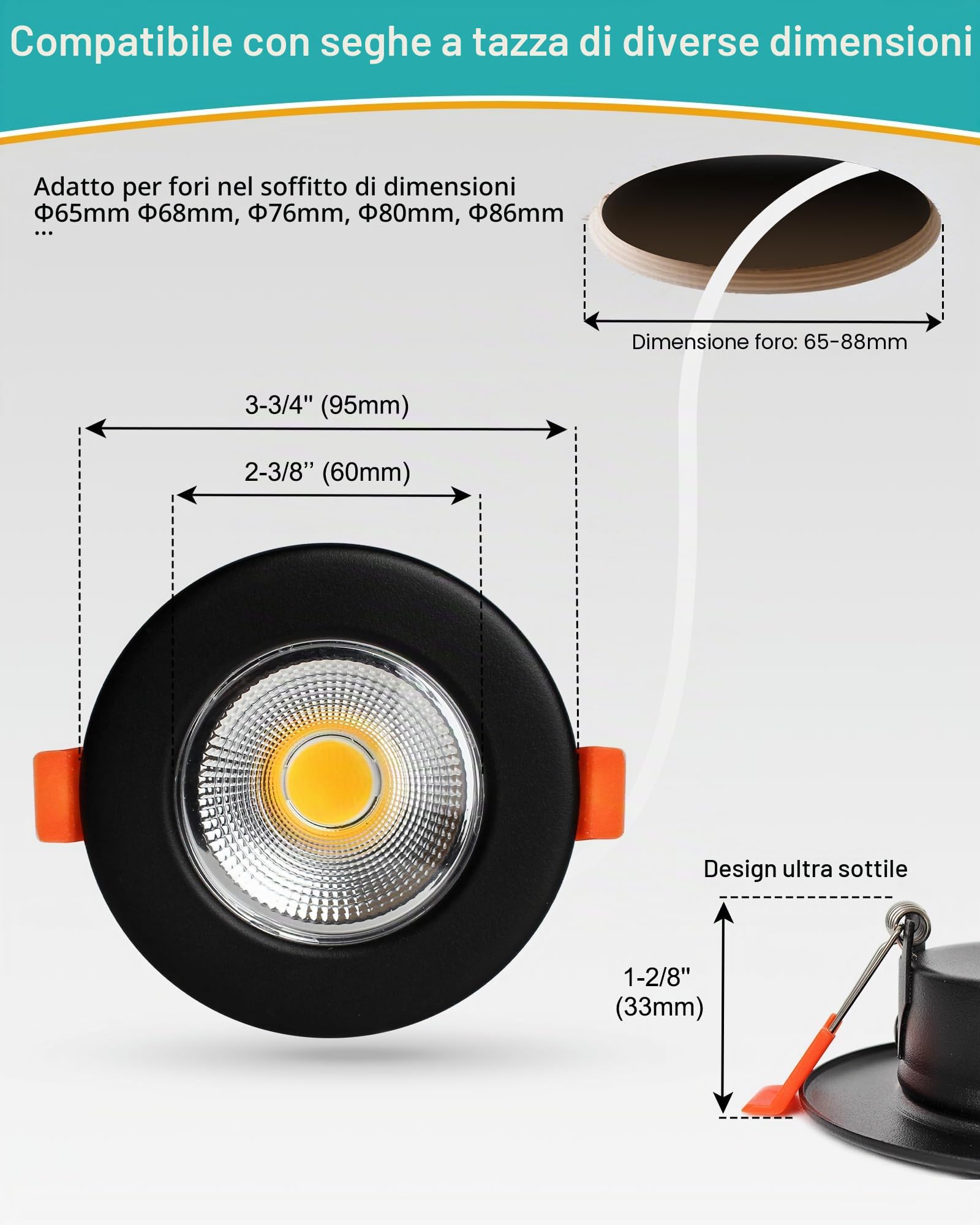 HiBay Set di 8 Faretti LED da Incasso per Cartongesso Nero,7W 600LM 230V Luci da Soffitto Intern,Diametro Foro 65-85mm Luce Calda 3000K Faretti Led Soffitto per Cucina,Interno