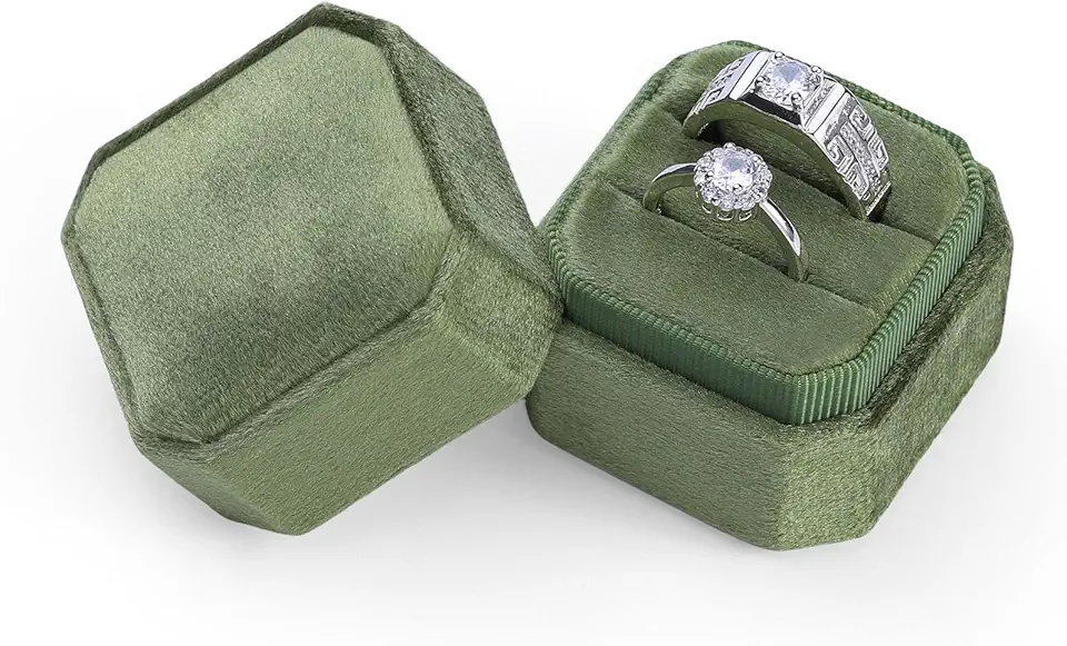 Sightor Caixa de anel de veludo, octógono de veludo para joias, caixa de armazenamento com 2 compartimentos, suporte de anel para proposta, noivado, cerimônia de casamento (verde-oliva)