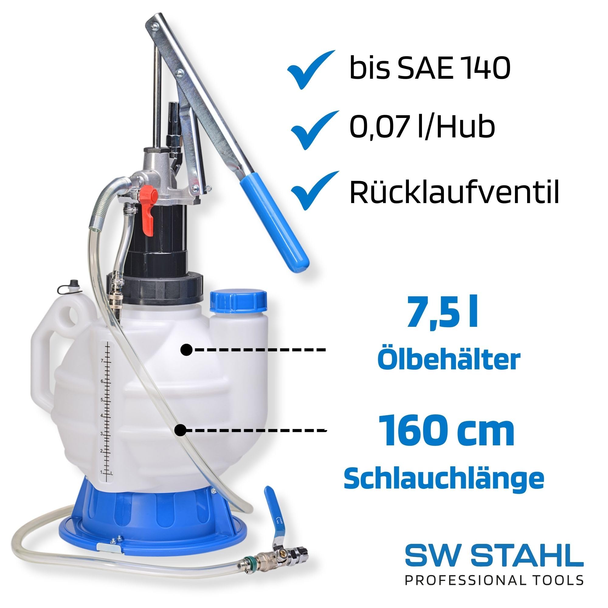 SW-Stahl 24032L Zestaw do Napełniania Oleju Przekładniowego, 7.5 l | Pompa do wymiany oleju w skrzyni biegów, 11-częściowy komplet z 8 adapterami, do serwisu olejowego silnika i przekładni