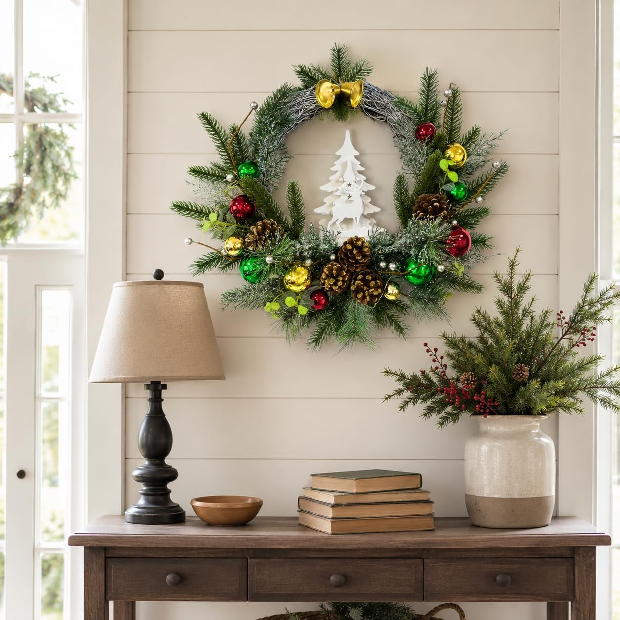 Svndlyn Pre-Lit Flocked Christmas Wreath with Reindeer 20 LEDs and Timer
