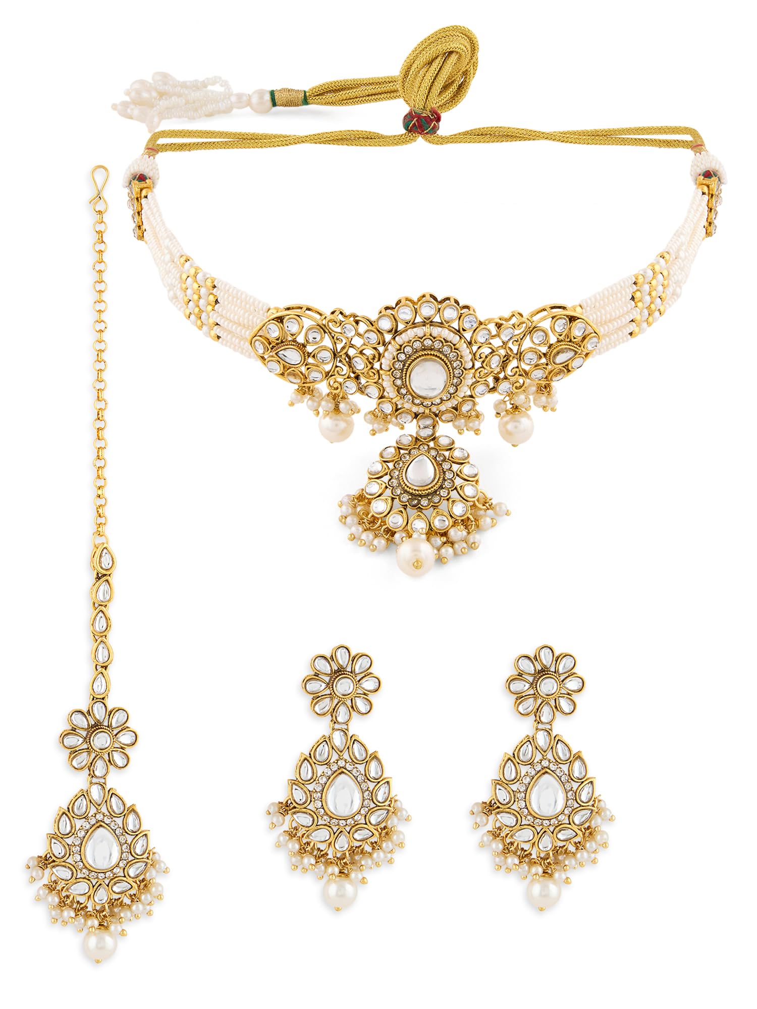 Gold Tone Dazzling Kundan Multistrand Pearls Choker Necklace Earring & Maangtikka Set For Women-ZPFK19087