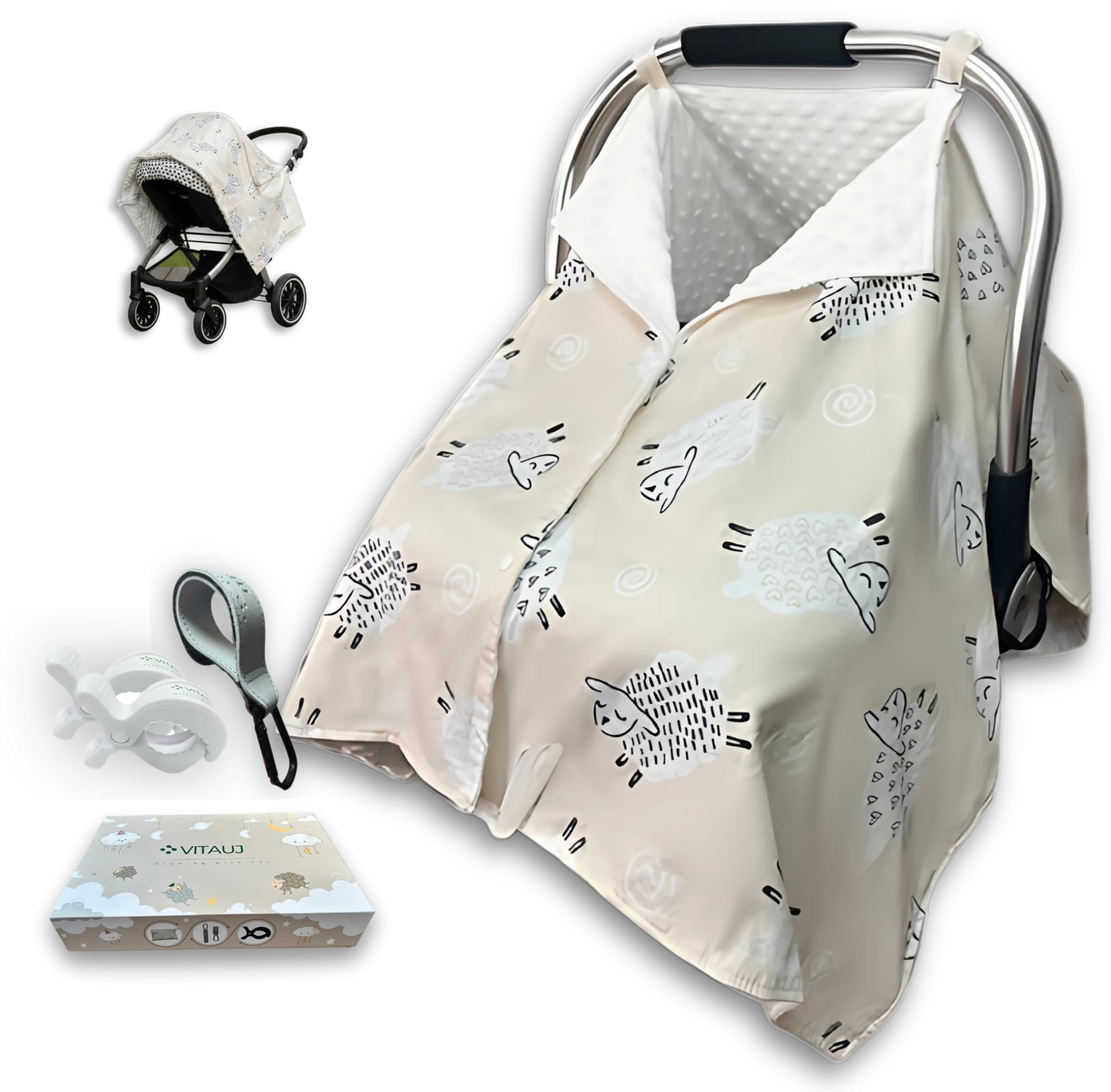 Parasol Carrito Bebé Universal 4 en 1 – Manta Reversible Algodón & Minky | Protección Solar, Viento y Lluvia | Cobertor Lactancia, Porteo y Cochecito | Incluye Clips y Gancho