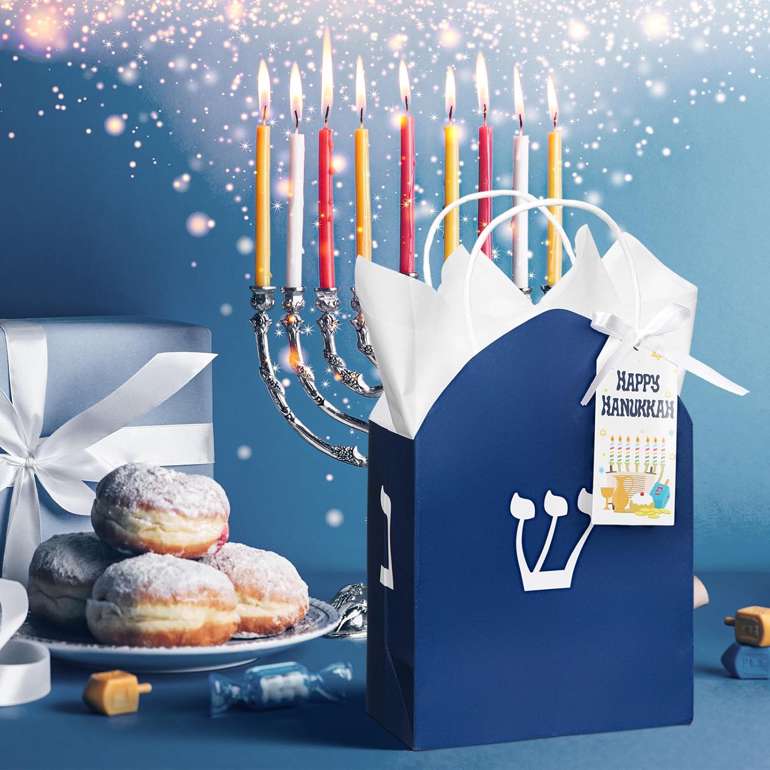Kolldenn 24 Sets Hanukkah Gift Bag with Tissue Paper Happy Hanukkah Paper Bags with Handle Cards Stars Menorah Candles Gift Wrapping Party Supplies