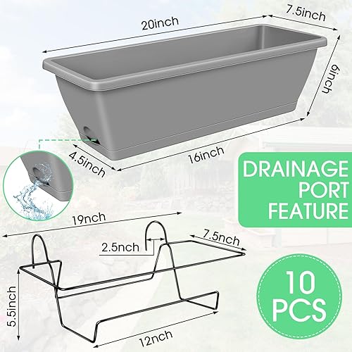 Miniatura 2 de Beeveer 10 macetas rectangulares de 20 pulgadas con platillo y 3 estantes colgantes de plástico para ventana, macetas para suculentas, cactus,