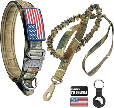 Tactical Dog Collar and Bungee Leash, Camo Military Dog Collar & Leash Set with USA American Flag Adjustable K9 Collar with Heavy Duty Metal Buckle & Handle,with Patches and Airtags Case L, Camo
