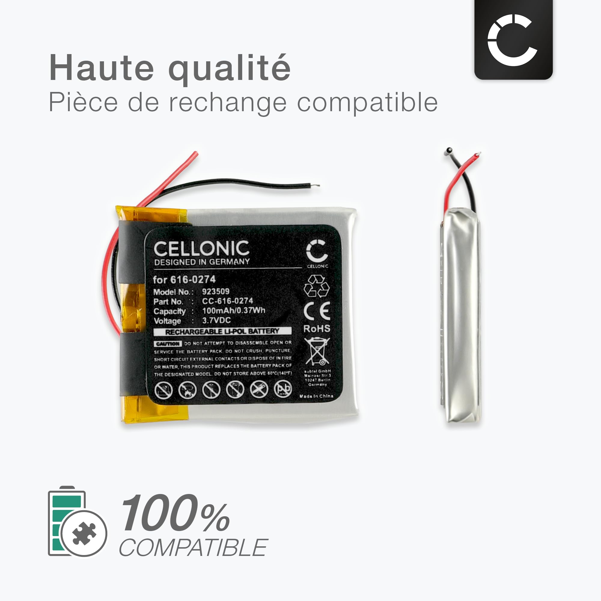 subtel 1x Batterie pour Lecteur mp3 Compatible avec Apple iPod Shuffle 2 Gen. - A1204, 616-0274 - (100mAh, 3.7V) + kit d'outils