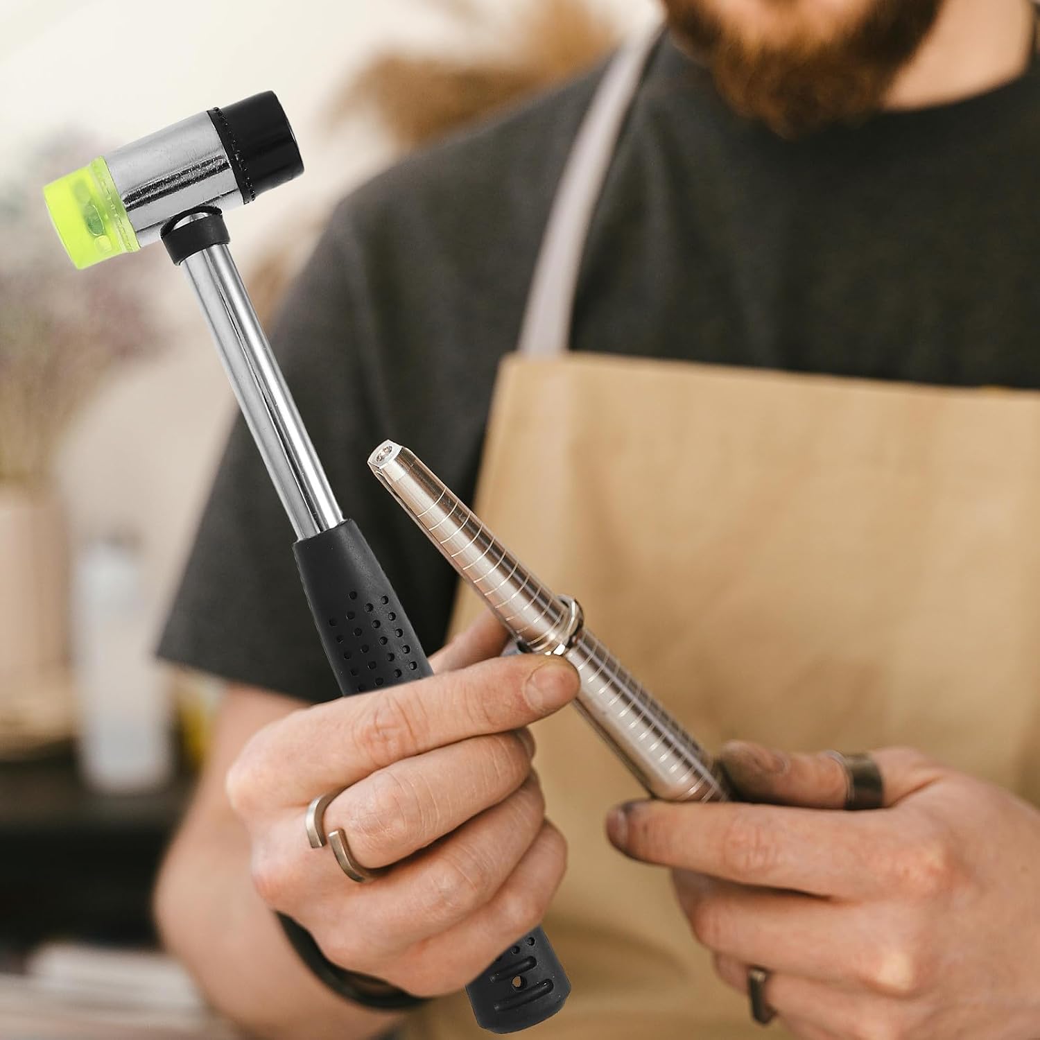 STOBAZA Ring Mandrel Sizer with Plastic Hammer Mallet Stainless Steel Jewelry Repair Tool for Ring Resizing and Shaping for Jewelers and Crafting