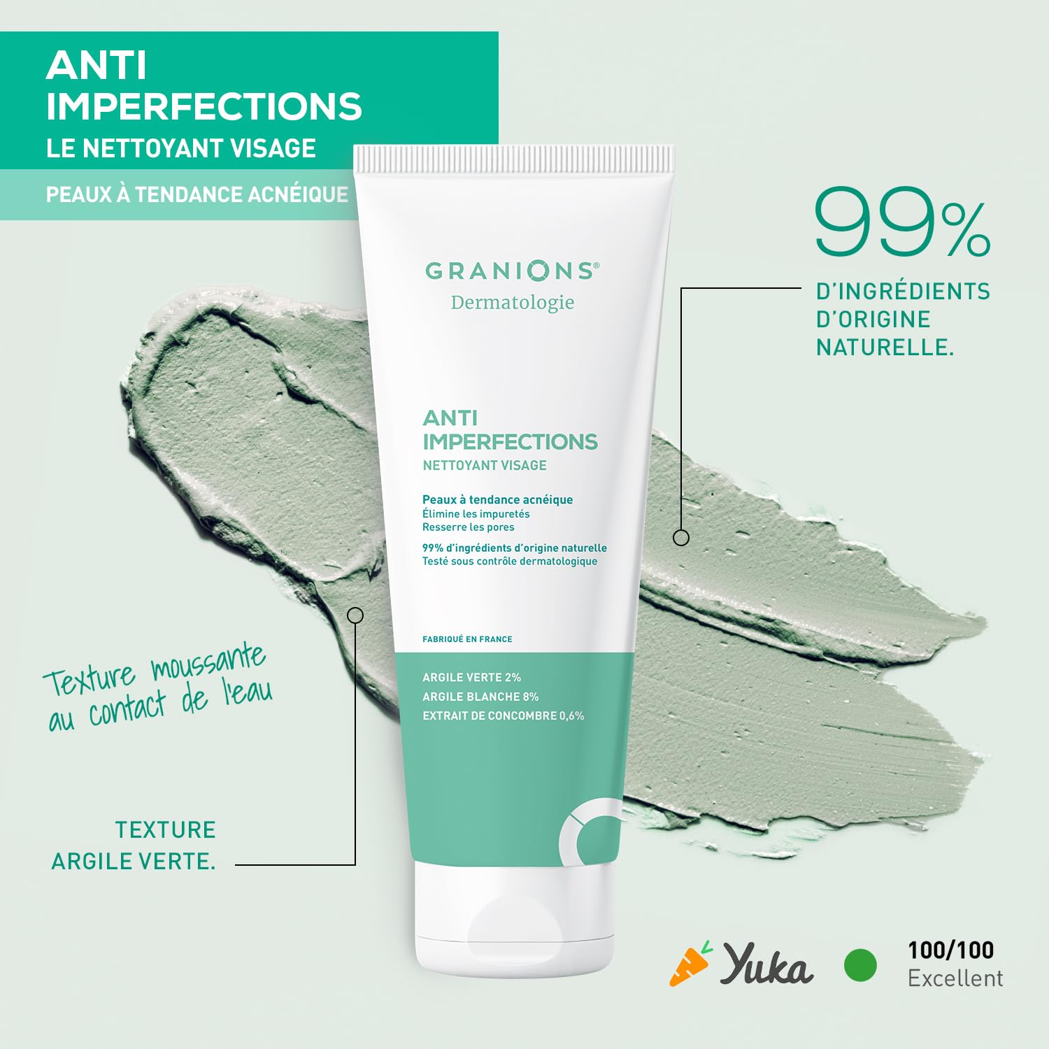 GRANIONS Nettoyant Visage Anti Imperfections - Nettoie, Hydrate & Purifie | Elimine les Impuretés & l’Excès de Sébum - Argile Verte, Argile Blanche, Vitamine C - Pour l'Acne - Résultats Prouvés - 150g