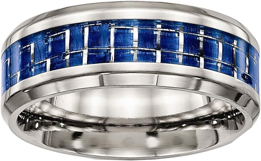 Chisel Titanium Polished Blue/white Carbon Fiber Inlay Ring Size 9.5
