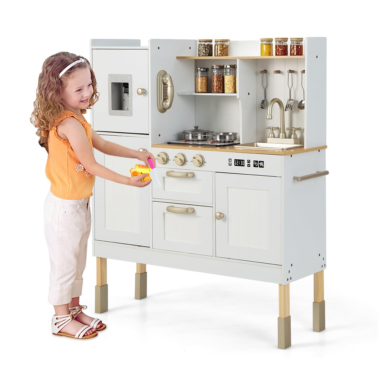 Kid Kitchen Playset, Toddler Wooden Pretend Cooking Set with Realistic Light & Sound, Stove, Sink, Microwave, Storage Cabinet, Play Kitchen Toy Set for Children Boys Girls