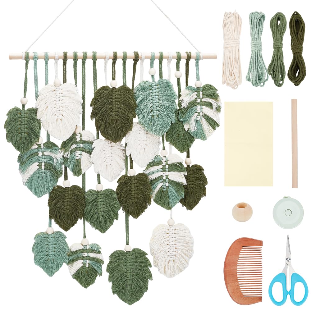 FREEBLOSS Macrame Wall Hanging Leaves Macrame Monstera Wall Hanging Tapestry DIY Macrame Kit for Beginners with Instruction Macrame Wall Hanging Kit for Adults Home Decoration, Clear