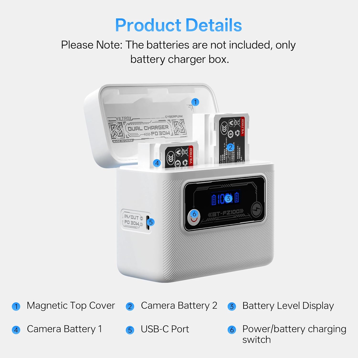 VILTROX BT-FZ100 Camera Battery Charger for Sony NP-FZ100/VILTROX TNP-FZ100 Camera Battery, 40.7Wh PD 3.0 30W Fast Dual Slot Baterry Charger Case with USB C Port, Smart Display, Magnetic Cover