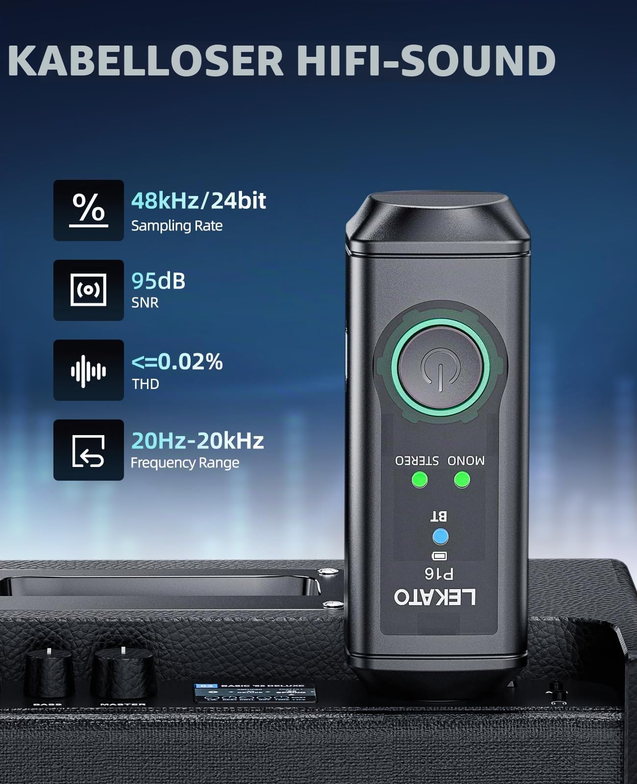 LEKATO P16 Bluetooth XLR Empfänger, 2 Hi-Fi Empfänger mit 50 m Reichweite, Stereo Funk-Audioempfänger mit 15H Akkulaufzeit, Mono/Stereo-Modus, Bluetooth-Adapter für PA, DJ und Mixer