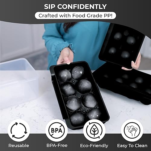 Miniatura 6 de Paquete de 2 bandejas de hielo extra grandes de alta calidad (2.5 pulgadas) (lengüeta + caja) (8 cavidades), molde de hielo esférico para whisky,