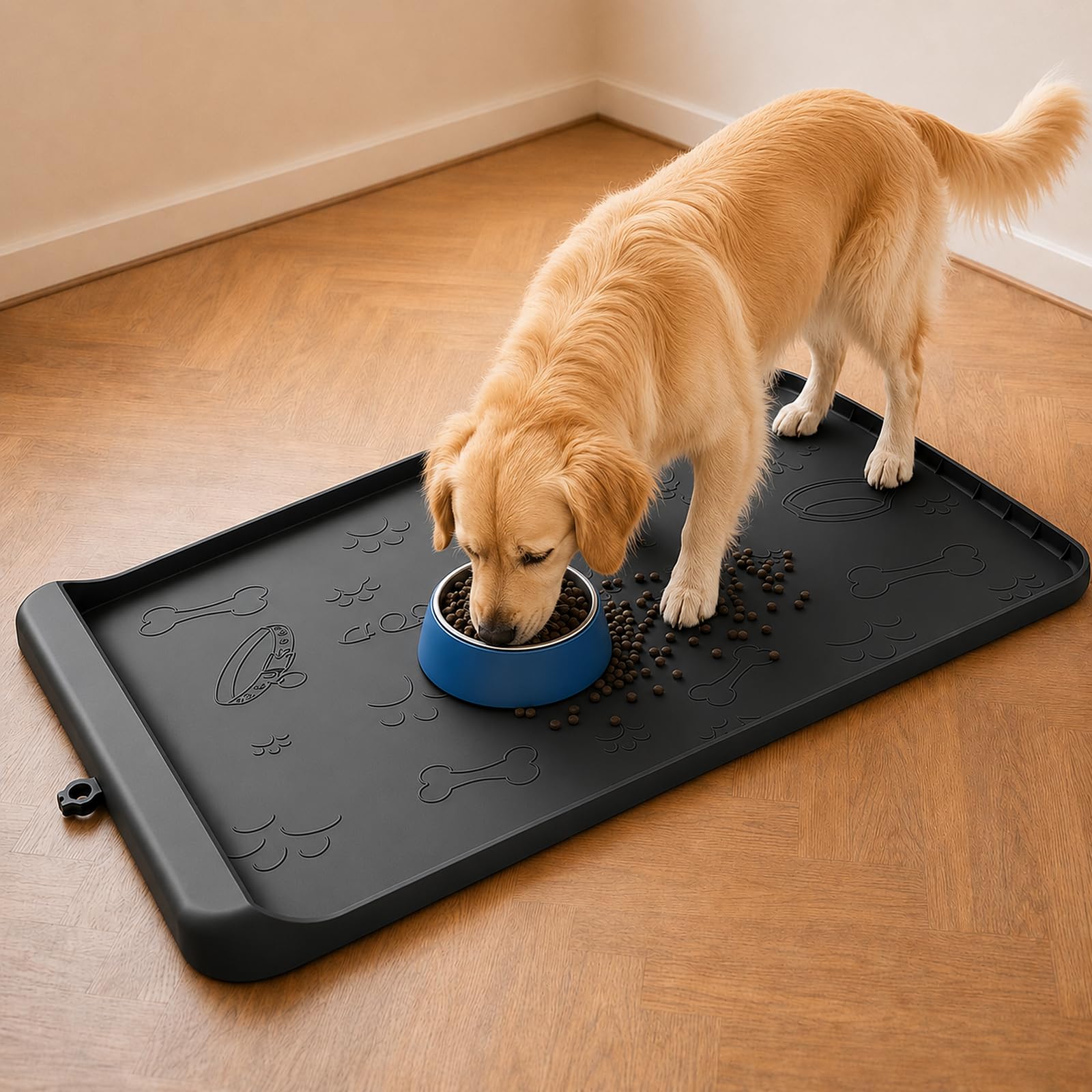 Tappetino per cibo per cani – Tappetino in silicone per cibo e acqua – 91,4 x 61 cm, grande tappetino per l'alimentazione degli animali domestici con tasca per raccolta residui, tappetino impermeabile