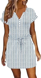ETCYY Womens Summer Dresses 2026 Sundresses Beach Vacation Drawstring Waist Tshirt Short Sleeve Dress with Pockets