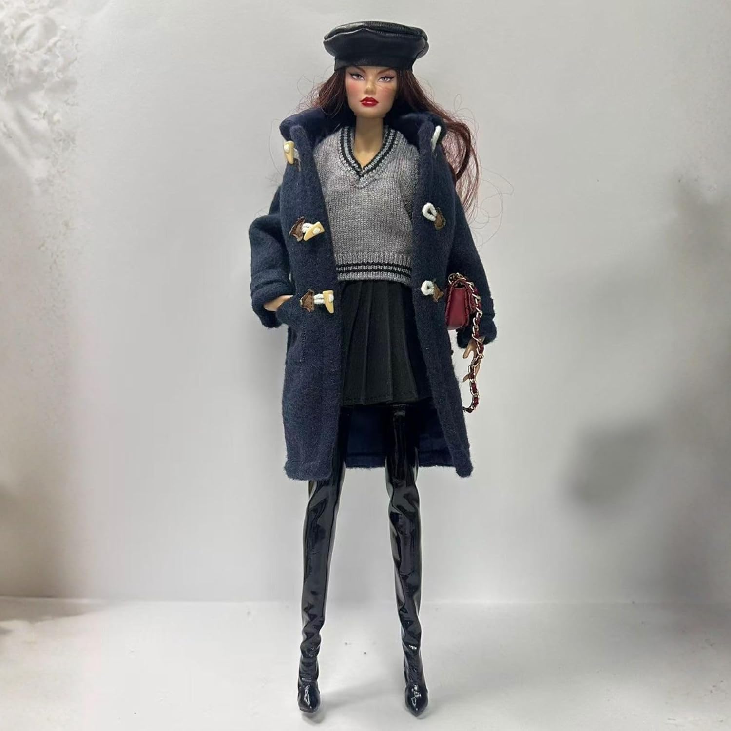Academic Style Doll Outfit Set for 11.5-12 Inch Fashion Dolls, Navy Wool Blend Toggle Coat Vintage Ensemble