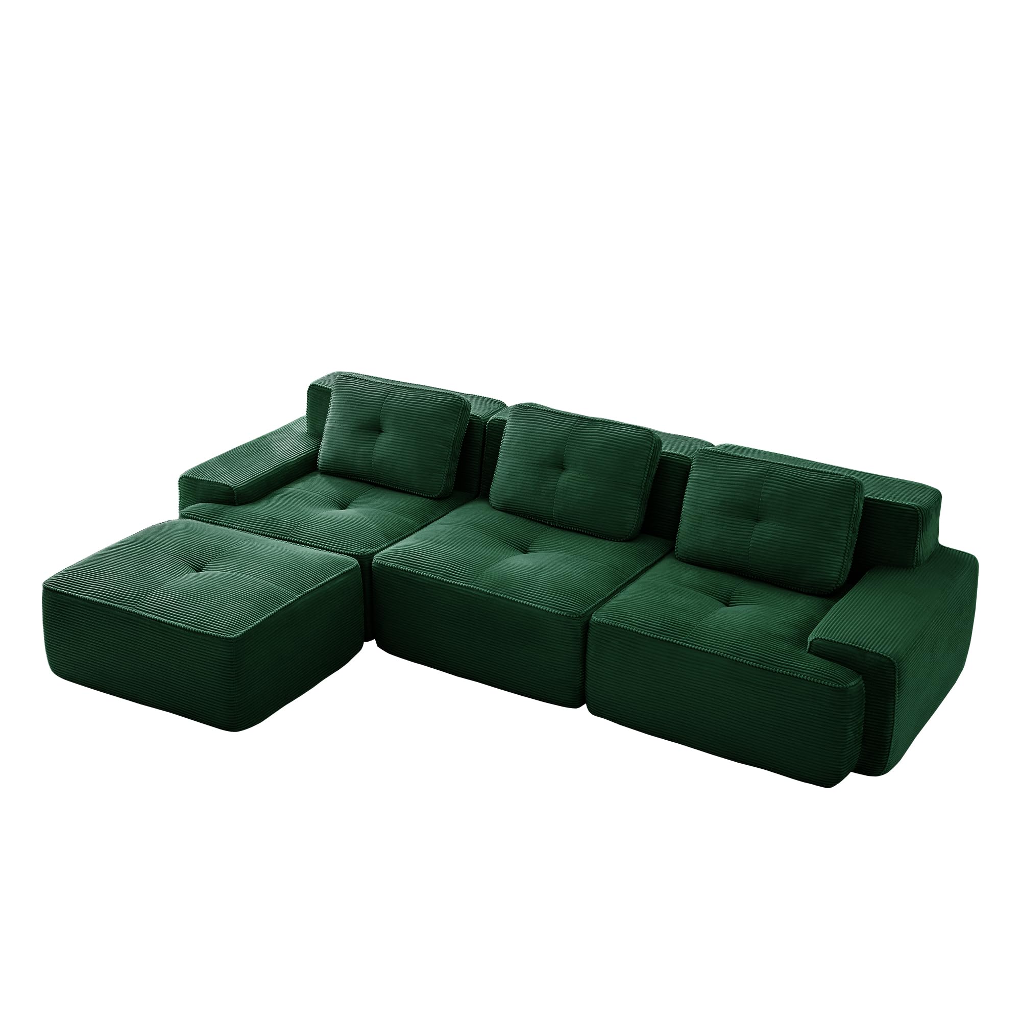 Dolamaní Boneless Sofá modular de 3 plazas + 1 taburete de pana, sin montaje, asiento profundo, moderno en forma de L, sofá esquinero para salón, dormitorio, oficina, apartamento (verde)