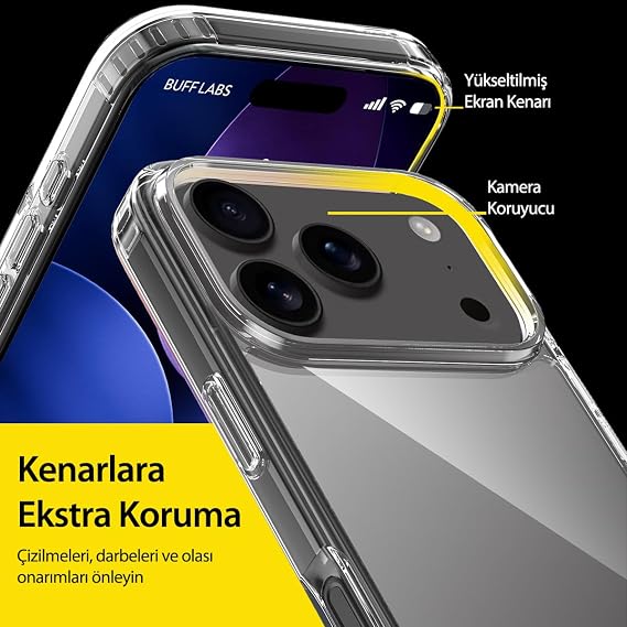 Buff iPhone Avantaj Paket - Şeffaf Hybrid Kılıf + Easyfit 5D Ekran Koruyucu + Lens Koruyucu (Siyah (5D Privacy), iPhone 17 Pro)