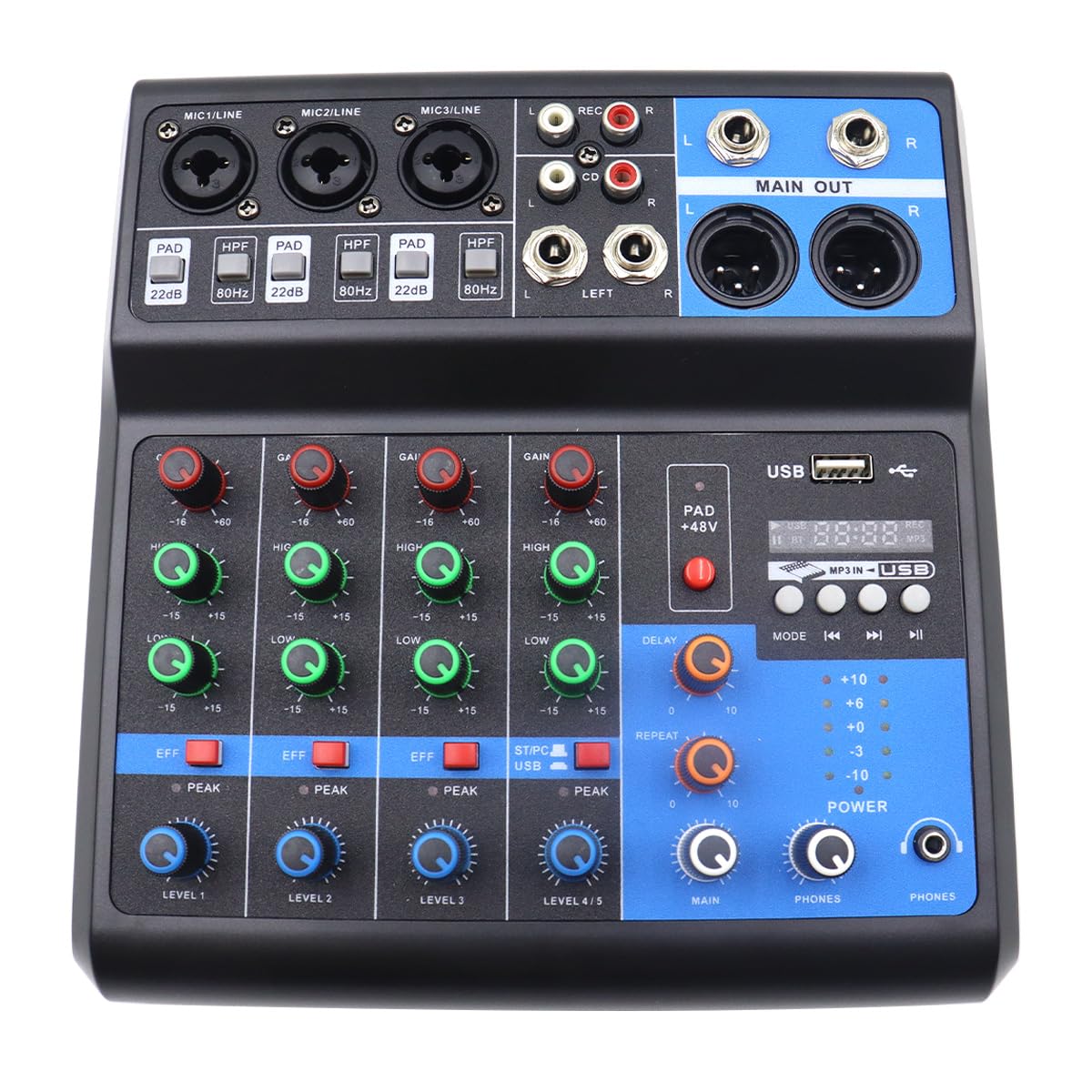 Riven Mini Audio DJ Mixer Sound Board Sistema de Consola de 5 Canales 48V USB MP3 Estéreo DJ Estéreo Live DJ Studio Streaming para fiestas de grabación profesional KTV Stage