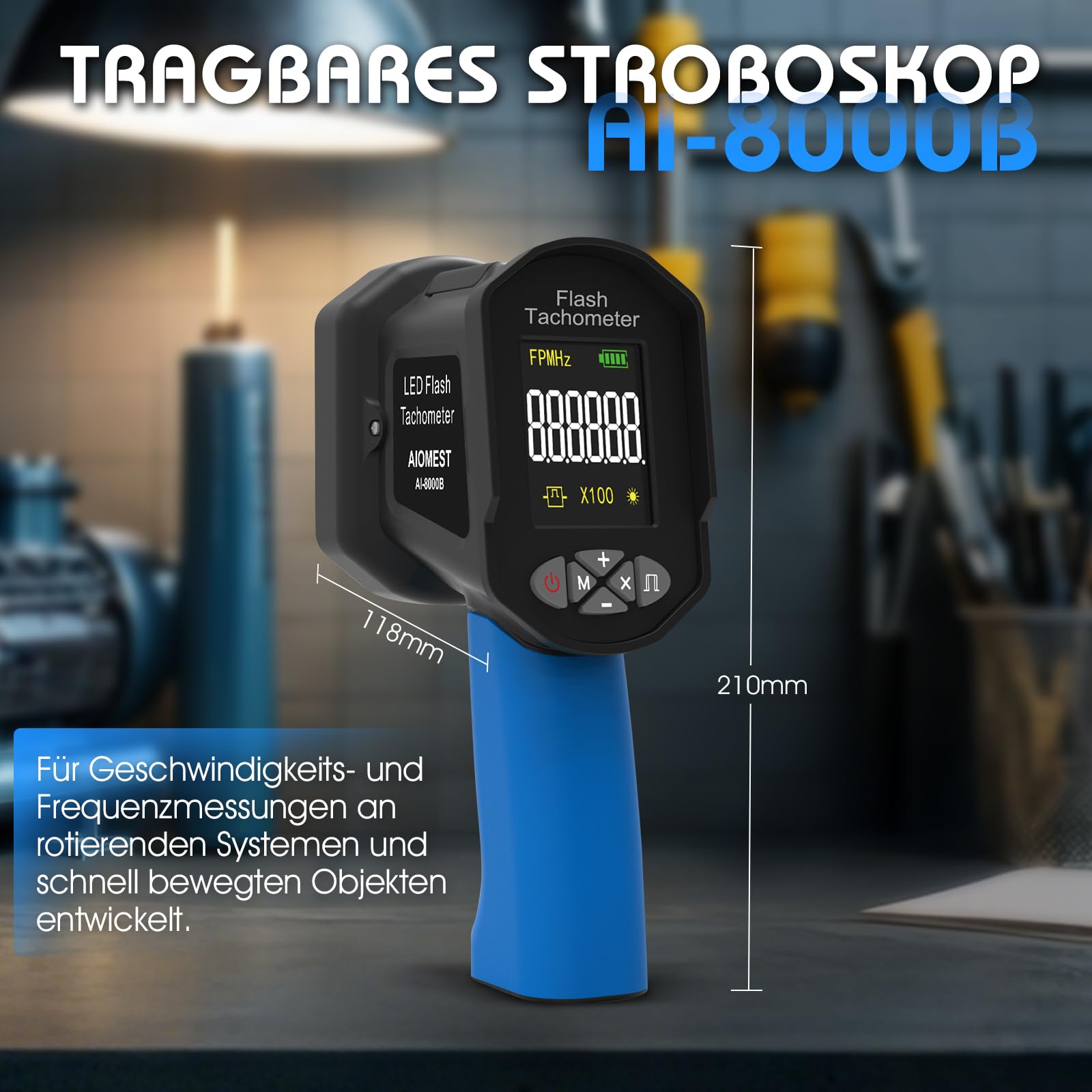Strobotac LED Stroboscopio100.000 RPM/Hz, AIOMEST Stroboscope Digitale Tachimetro Alta Precisione 0,001% con Luce Stroboscopica Regolabile | Per Motori, Ventilatori Motore
