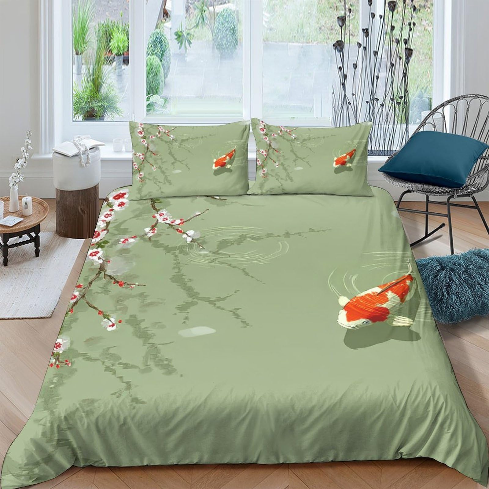 GPLZQXKJNH 3D Printed Koi Fish Cherry Blossom Duvet Cover Set Microfiber Soft Green Bedding with 2 Pillowcases for Bedroom Home Single（135x200cm）