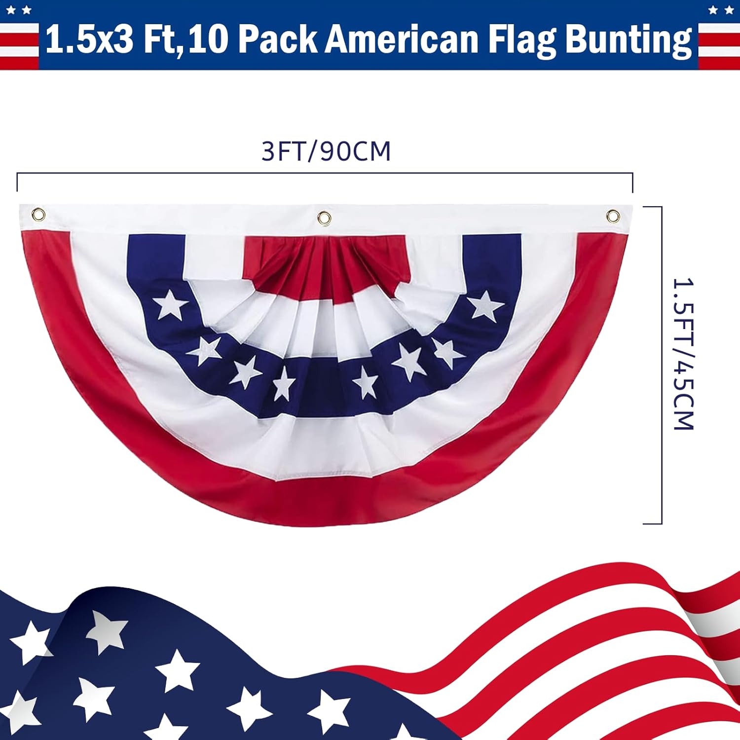 4th of July Decorations - 1.5x3 Ft American Flag Bunting Outdoor - USA Patriotic Pleated Fan Flag for Porch Garden Decor (Set of 10)