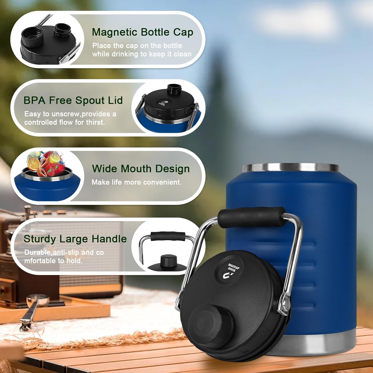 54oz insulated Water Bottle, Half Gallon Water Jug BPA Free&Leak Proof, Stainless Steel Water Jug with Metal Handle, Sports Gym School Camping Hiking Metal Flask