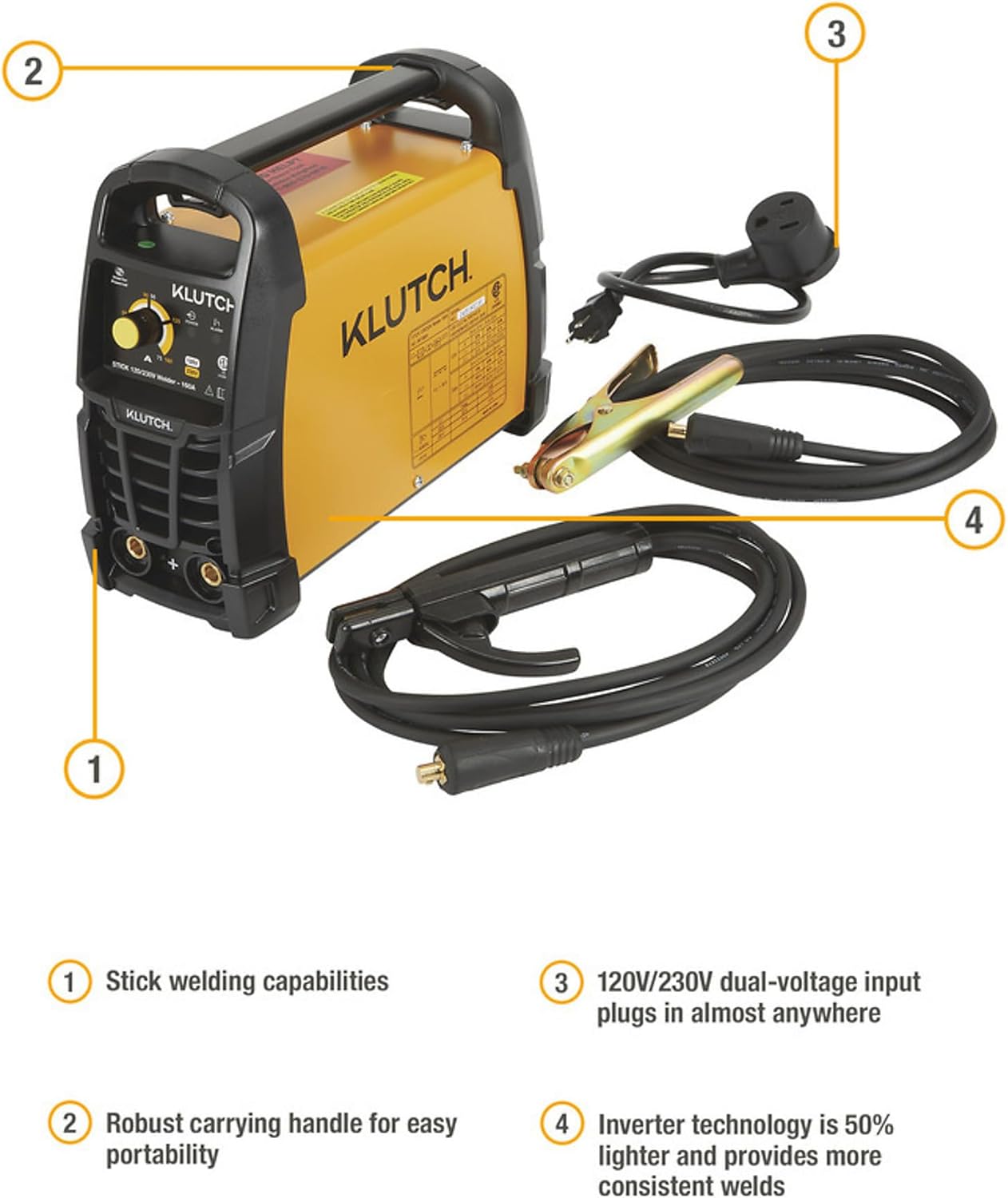 Klutch welder with labeled components: stick welding capabilities, robust carrying handle, dual-voltage input, and inverter technology.