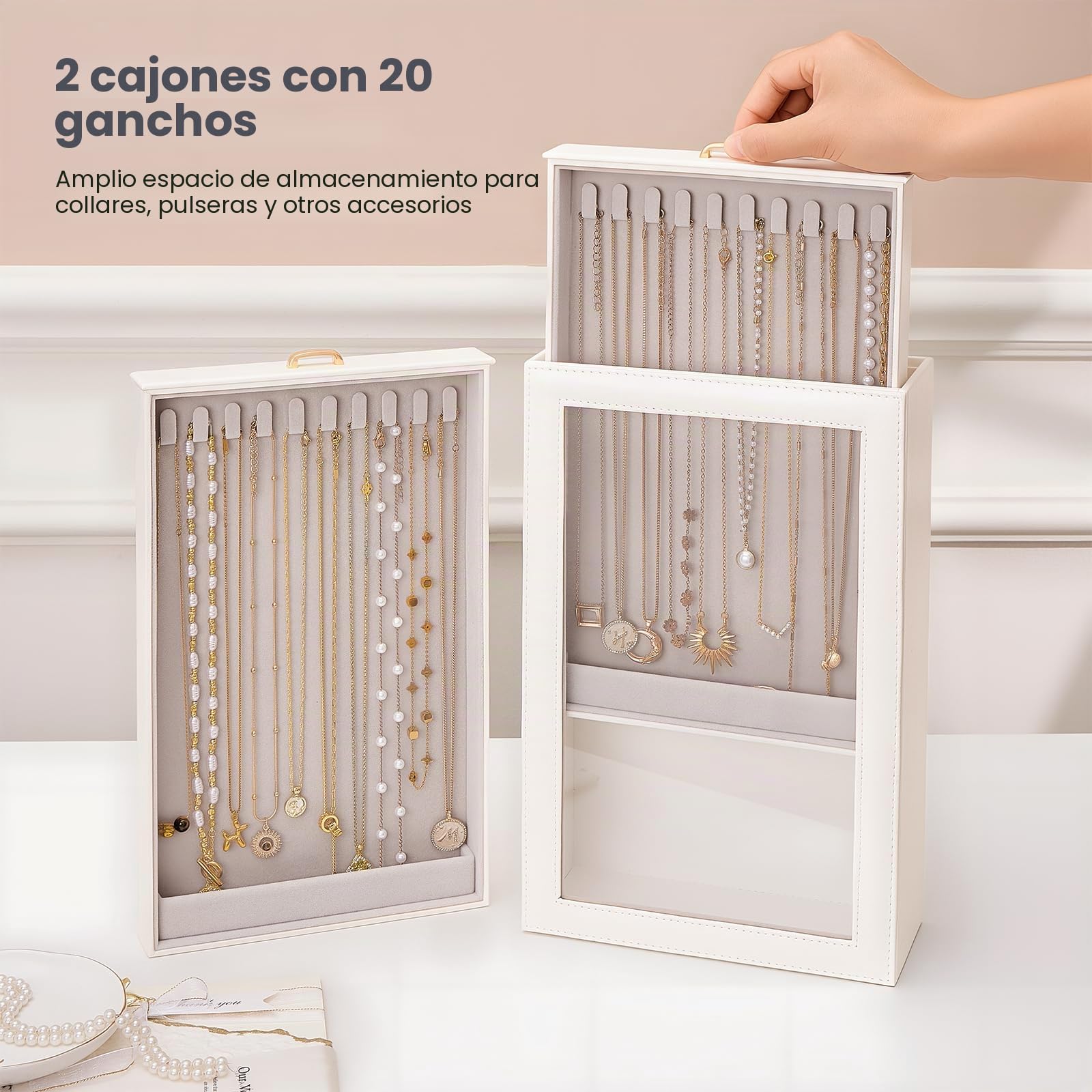 Lolalet Organizador de Collares Vertical，Caja para Collares con 2 Cajones Extraíbles,2 Capas y 20 Ganchos,Almacenamiento Antienredos para Collares,Pulseras y Accesorios,Ocupa Poco Espacio-Blanco