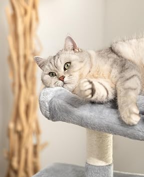 Lionto Tree Scratching Post with 2 Caves, Bed and Sisal, 80 cm, Light Grey