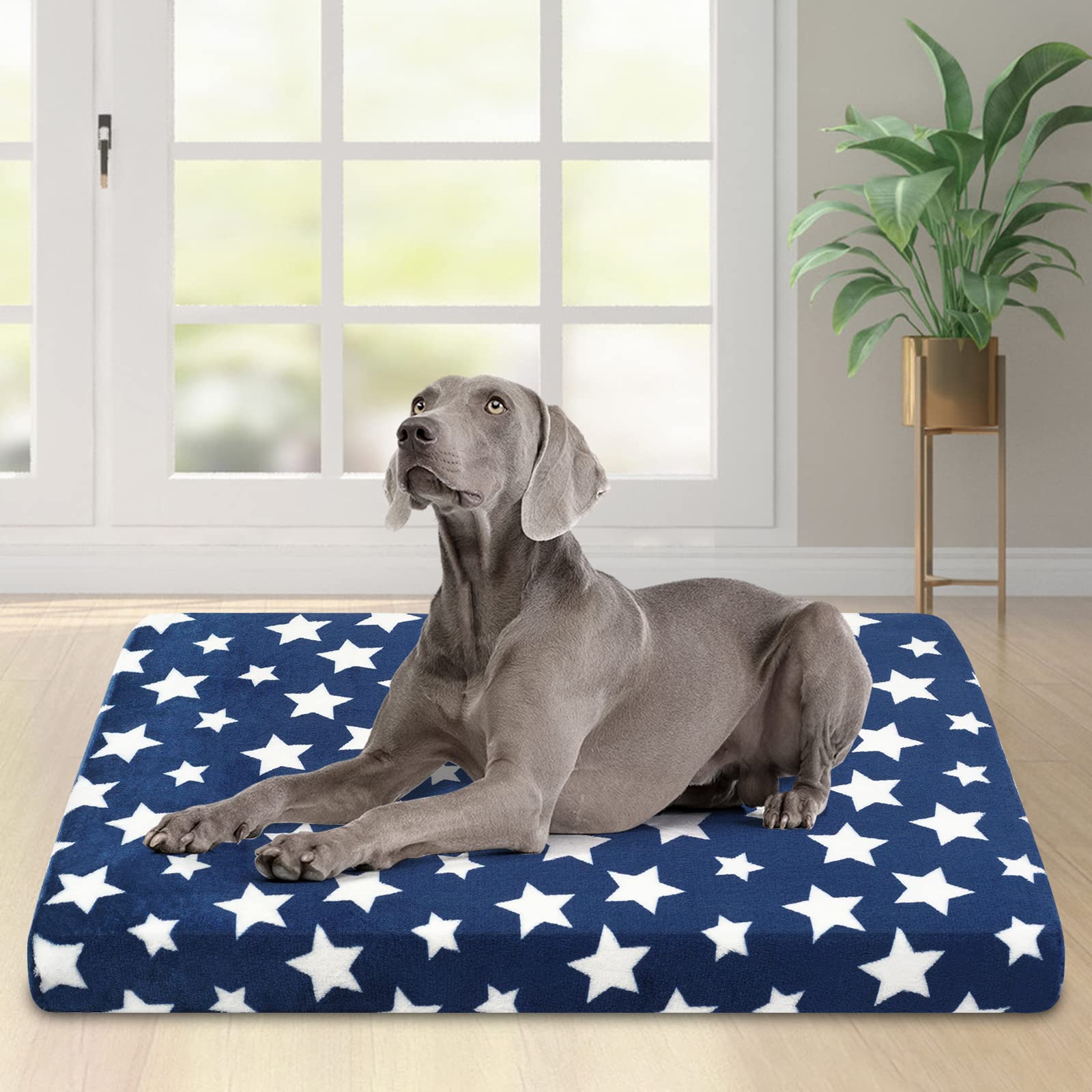 EMPSIGN Tapis de cage imperméable pour chien réversible (chaud et frais), housse amovible lavable, doublure imperméable et mousse haute densité, matelas pour chiens de petite à XXL, bleu marine