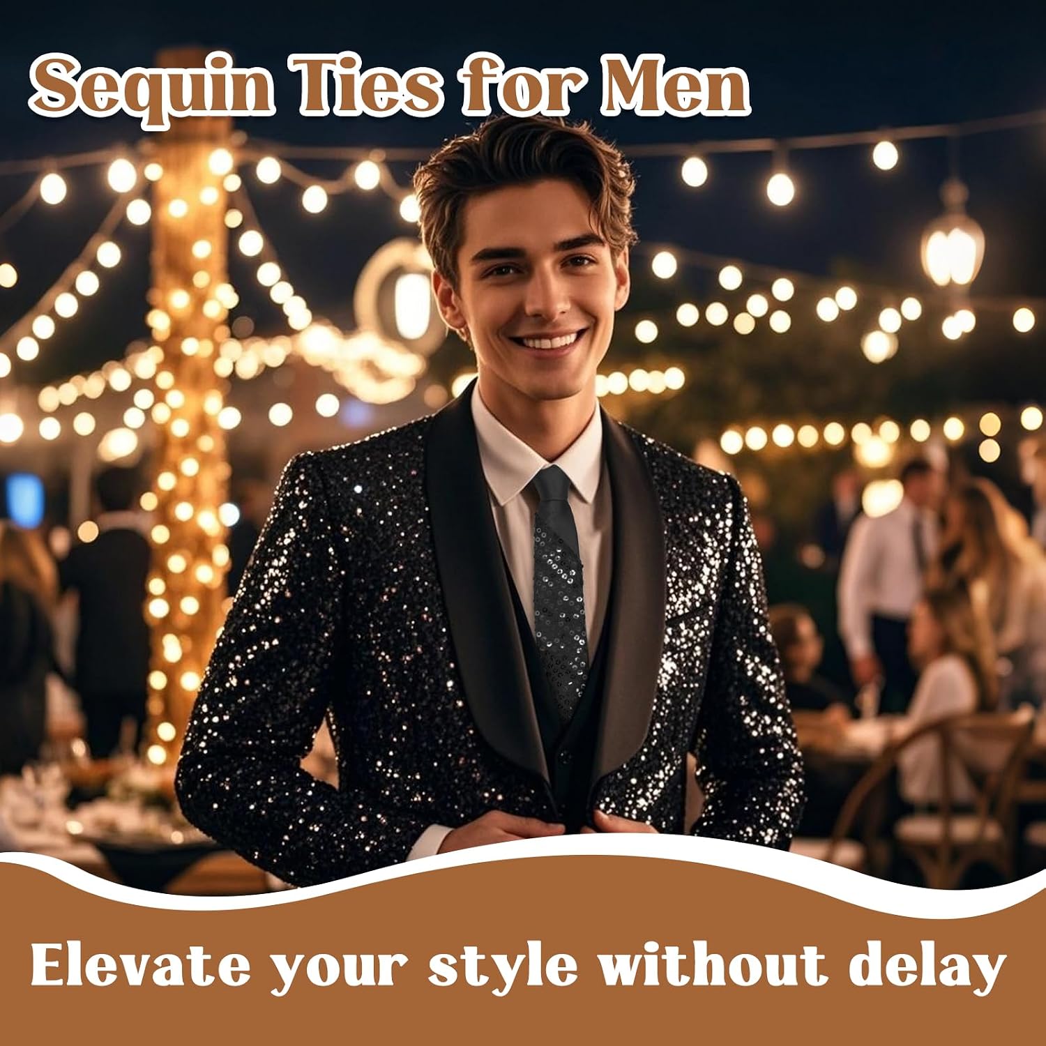 Sequin Mens Ties, Skinny Ties for Men Sparkly Self Tied Neckties