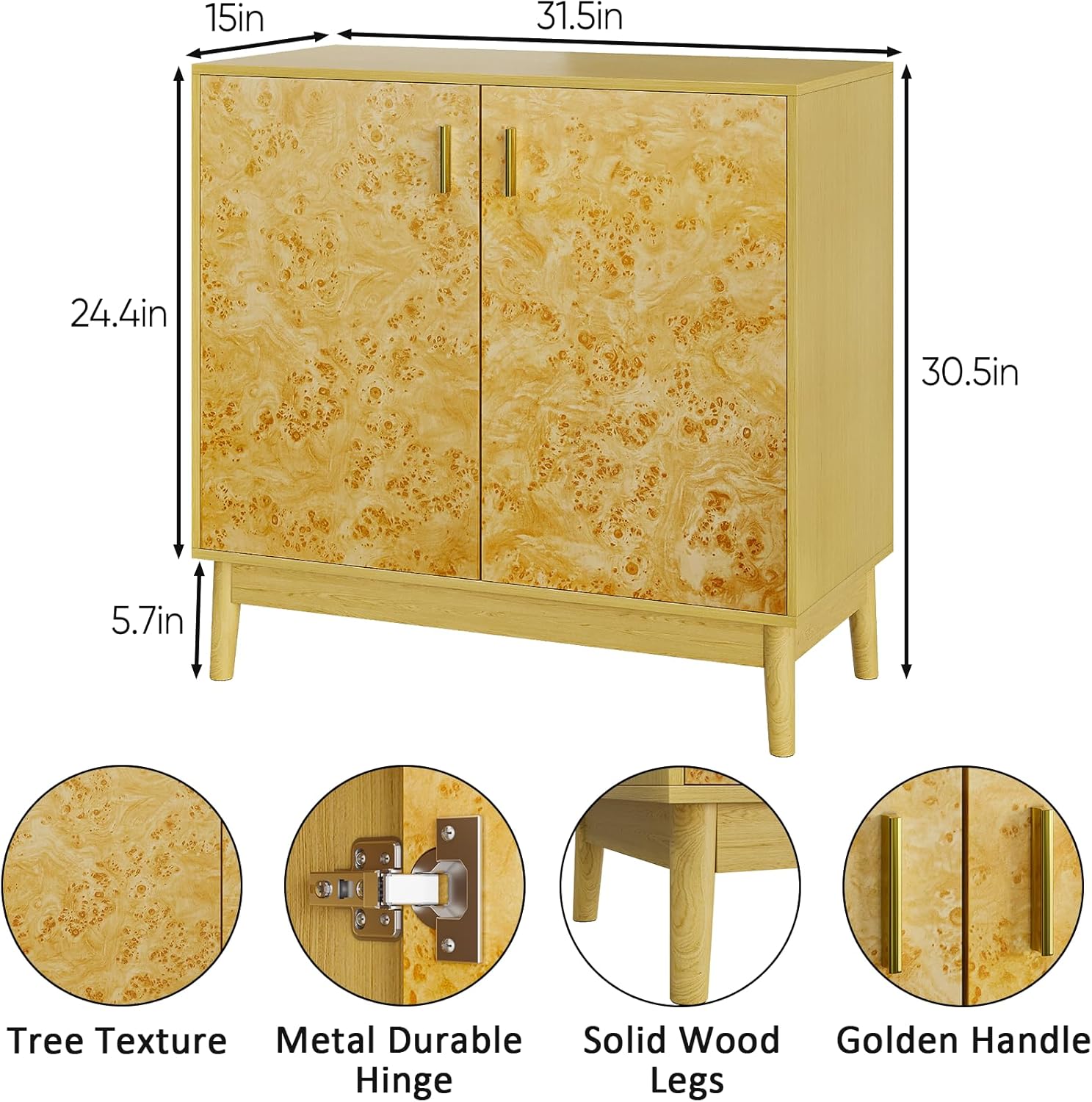 Buffet Cabinet with Storage,Accent Cabinet with 2 Decor Doors,Sideboard Buffet with Solid Wood Feet, for Hallway, Entryway, Living Room
