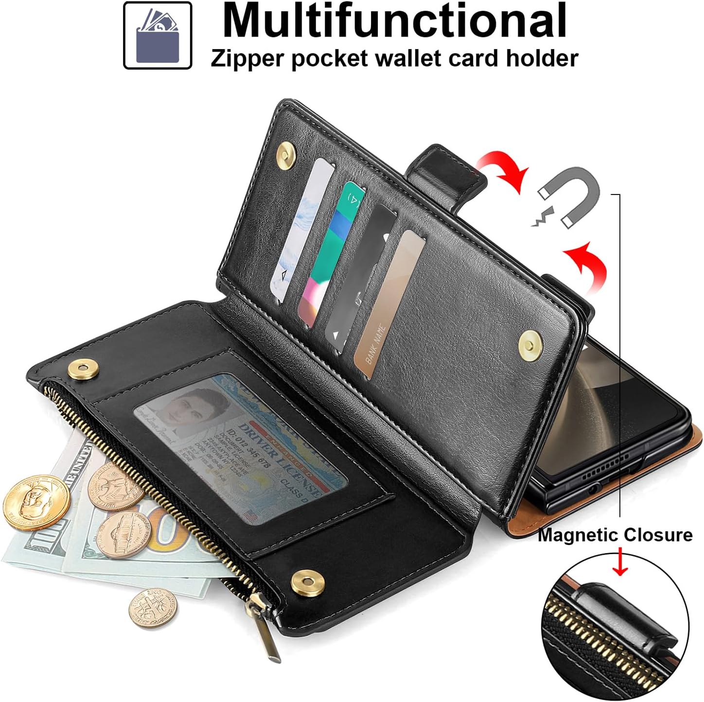 Antsturdy Compatible with Samsung Galaxy Z Fold 5 Case Wallet Women with【S Pen Holder】 Phone Case with Card Holder Strap PU Leather RFID Blocking Flip Protective Cover Credit Slots Men,Black