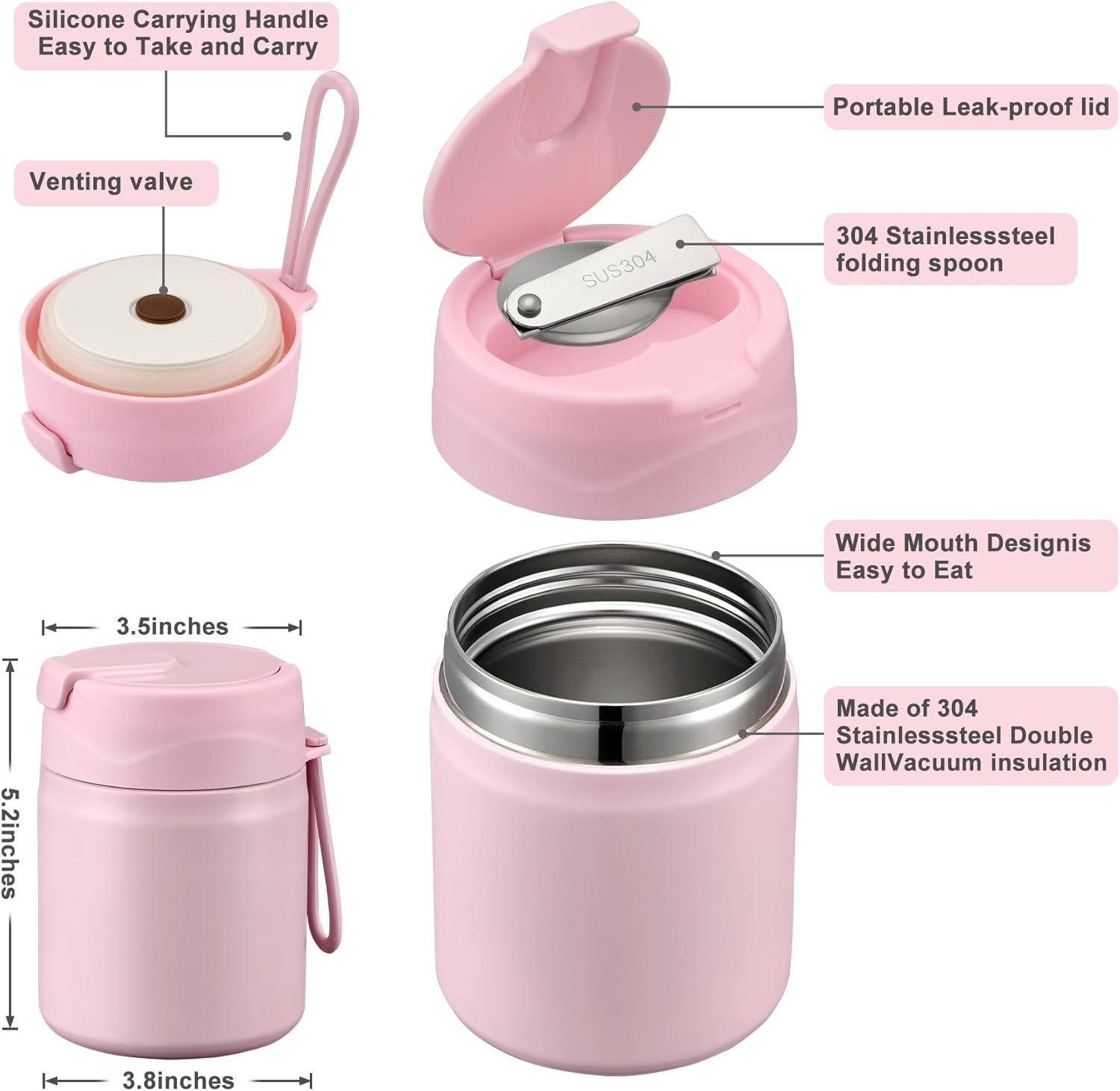 17oz Soup Thermo for Hot Food Kids,Insulated Food Jar with Spoon,Thermo Hot Food Lunch Container,Wide Mouth Leakproof Stainless Steel Lunch Box for School-Pink - Image 2