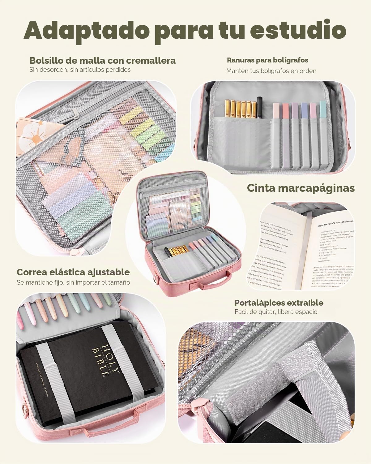 WEMATE Funda para Biblia de gran capacidad, bolsa impermeable para suministros de estudio con asa de doble capa y correa para el hombro, bolsa para mujeres, niñas, adolescentes y cristianos (rosa)